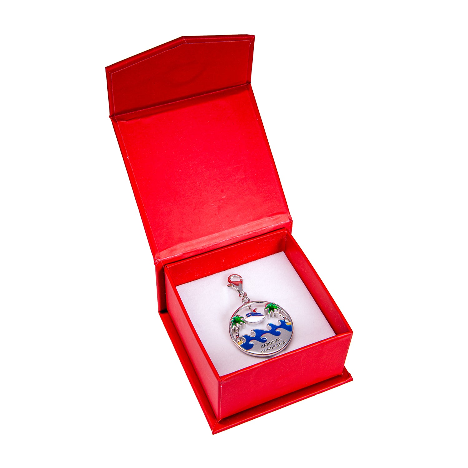 Carnival Panorama Swarovski Charm with red box top view